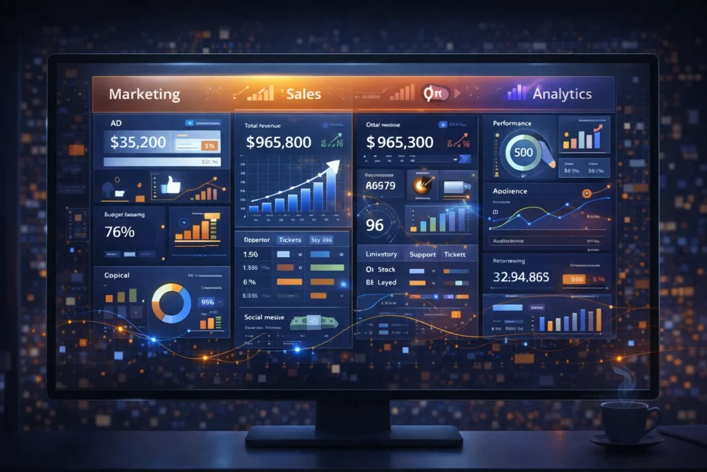 unified business dashboard showing marketing sales operations and analytics